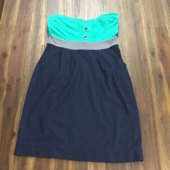 Anthropologie RicRac Strapless Color Block Navy/Green Mini Dress - Picture 2 of 7